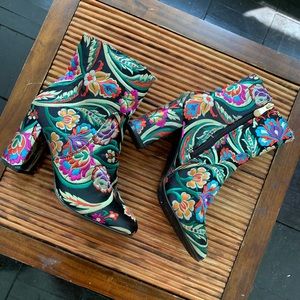 Embroidered Paisley Floral Print Ankle Boots